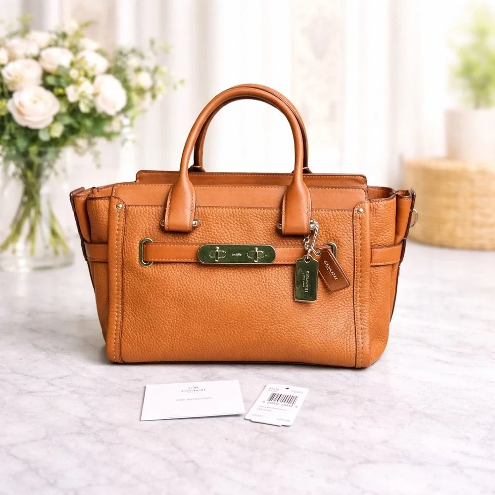 Coach Swagger 27 Carryall Saddle Tan Pebbled Leather Satchel Bag 34816 - Picture 4 of 9